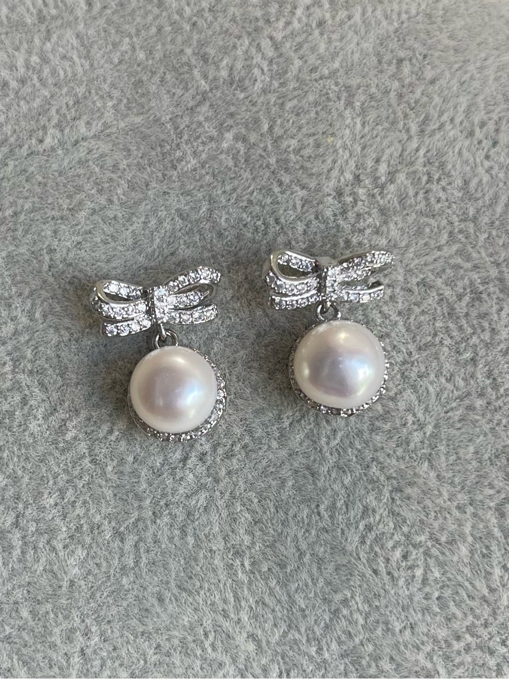 Freshwater Pearl Drop Bow Stud Earrings - Silver Tone with 925 silver posts 59